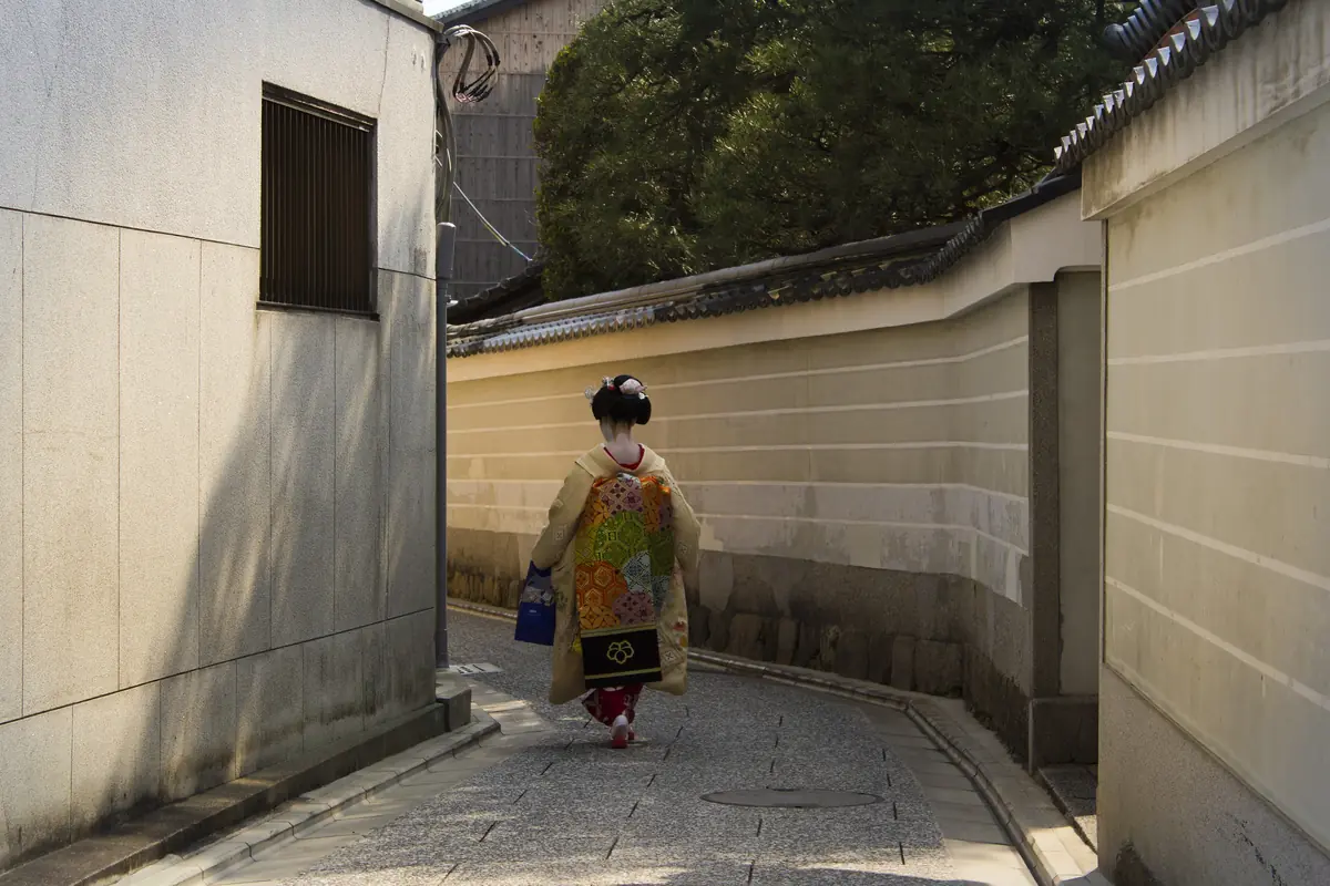 A maiko in a yellow patterned kimono walks away along a narrow lane between plaster walls in Kamishichiken, her long obi hanging down her back